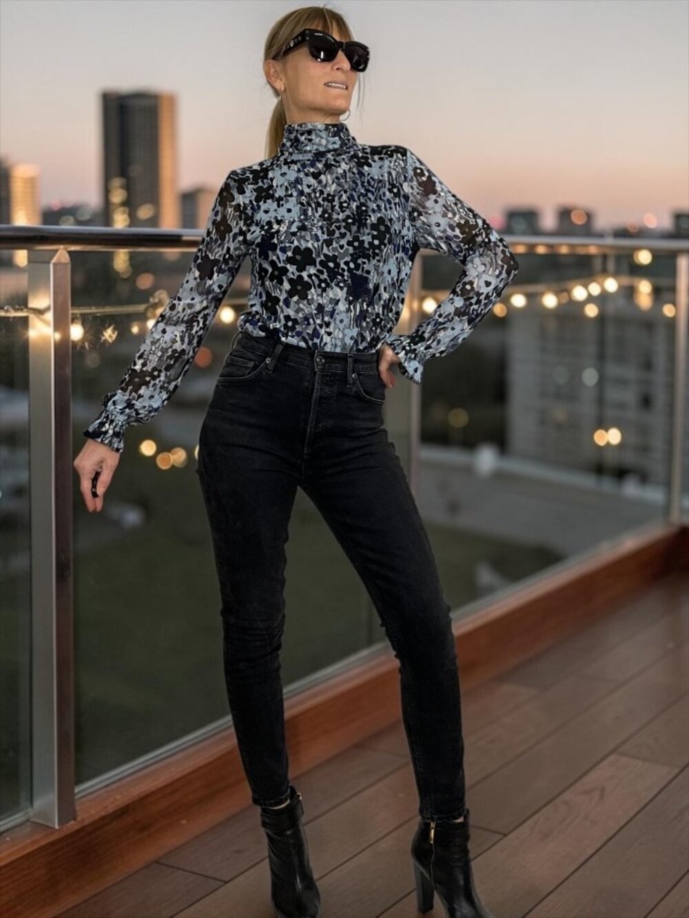 Fabienne Chapot Johanna Turtleneck Top Blouse M Blue Floral Bell Sleeve